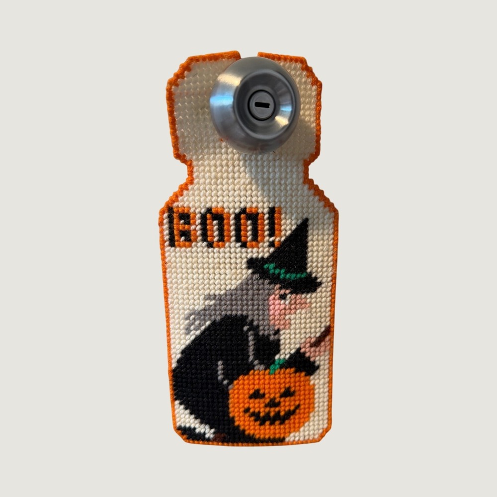 Vintage Handmade Halloween Witch Pumpkin BOO Needlepoint Door Knob Hanger